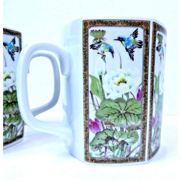 Set of 2 Andrea By Sadek Octagon Porcelain Cups Mugs Japan Floral Birds Pattern - Picture 6 of 6